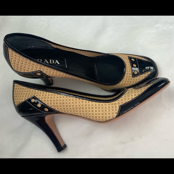 PRADA Straw black p leather high heel Sz 8 / 38.5 - Picture 14 of 16